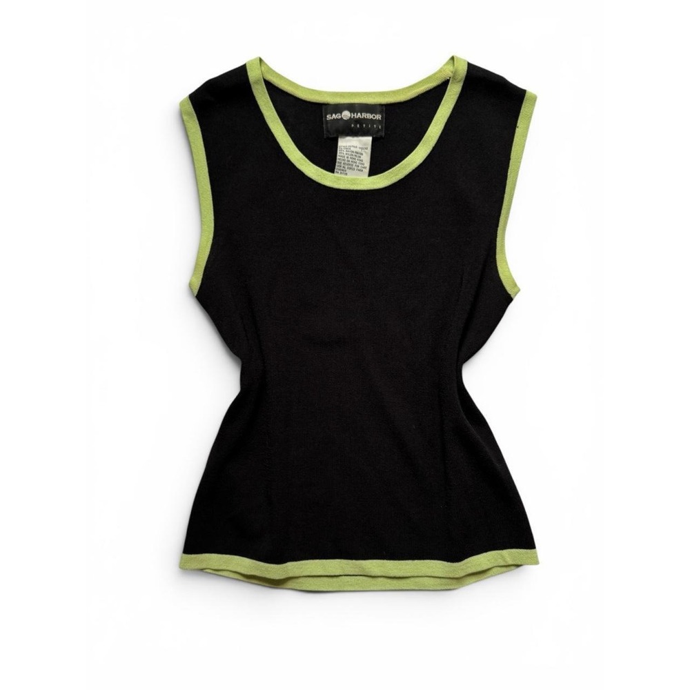 Sag Harbor Petite Black Lime Green Knit Sleeveless Top Y2K Retro S52292 PS